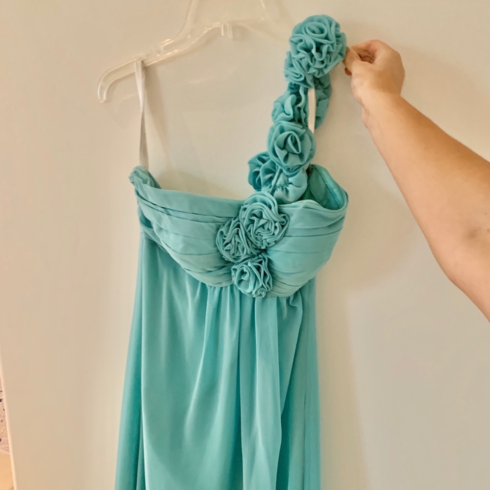 Bill Levkoff Leigh Blue Asymmetric Rose Strap Gown